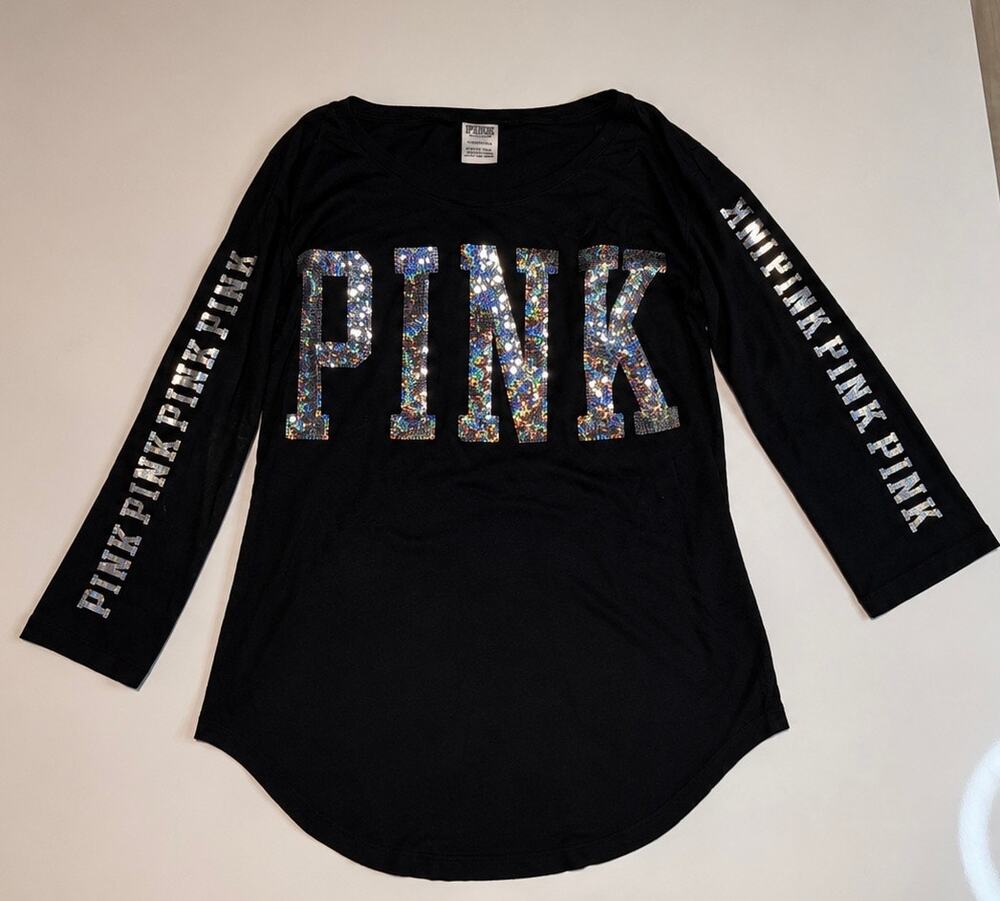 PINK Victoria’s Secret Black Long Sleeve Graphic Logo Tee Women’s Large
